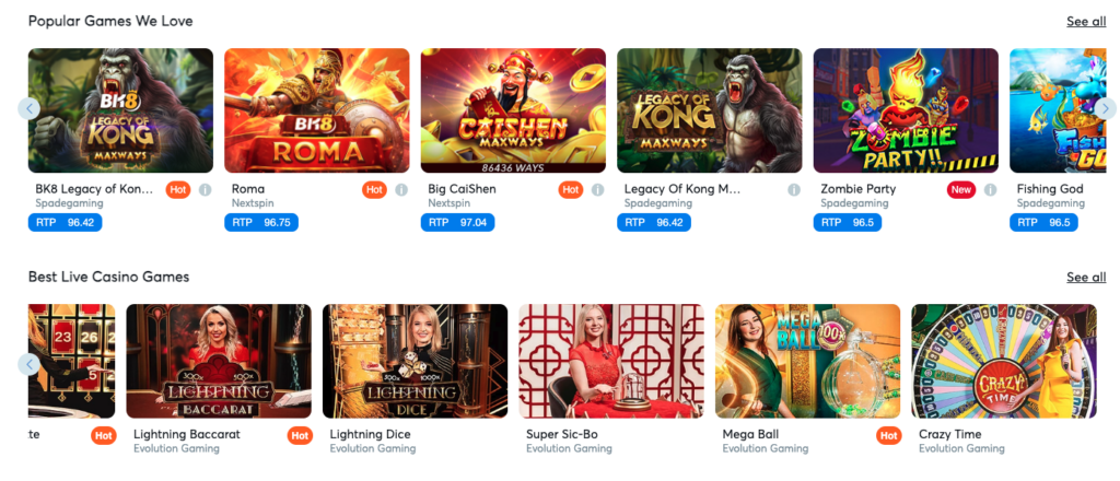 Makikita mo ang mga pinakasikat na slot machine at live na laro sa casino sa homepage ng BK8.